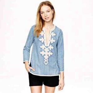 J. Crew Embroidered Chambray Tunic Blouse Style A8431 Womens Blue/White Size 2P